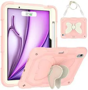 HOGENL Case for iPad Air 11-inch (M2 and M3) for Kids Girls with Stylus Holder, Cover for iPad Air 6th 2024/2025 with Butterfly Stand, Carrying Strap, Heavy Duty Full Body Protective - Pink