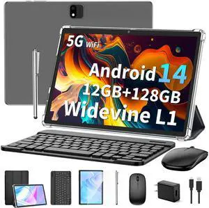 JJGJ Android 14 Tablet with Keyboard, 12GB RAM (6+6), 128GB Storage, 1TB Expandable, 8000mAh Battery, 10 Inch 2-in-1 Tablets, Includes Case, Mouse & Stylus(Black)