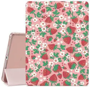 JOYLAND Cute Strawberry Printed Case for iPad 9th/8th/7th Generation 10.2 Inch (2021/2020/2019 Release), Pencil Holder & Clear Transparent Soft TPU Back & Trifold Smart Pad Pink Cover