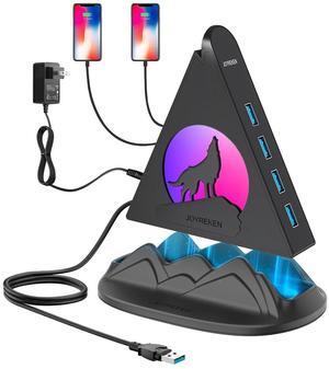 Powered USB Hub 3.0, 6-Port USB Hub(4 USB 3.0 Data Ports + 2 USB Smart Charging Port) with RGB Night Light and Base, USB hub Powered with 12V/4A Power Adapter for Mac, PC, Laptop, USB Flash Drives