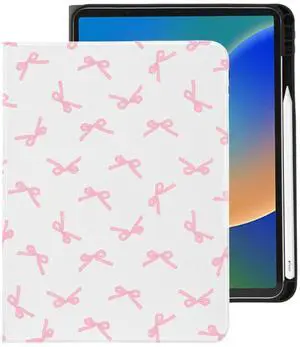 Cute Kawaii Pink Bow for iPad (A16) Case 11th/10th Generation 11''/10.9'' 2025/2022 with Pencil Holder, Auto Sleep/Wake and Multiple Viewing Angles, White Leather Soft TPU Back Cover