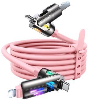 LISEN 240W Chubby USB C Cable, 4 in 1 Charging Cable (6.6FT) with Light, USB A/C to C/L Multi Charging Cable for iPhone 16 15 14 Pro Max/MacBook/iPad Pro/SamSungS24,Pink