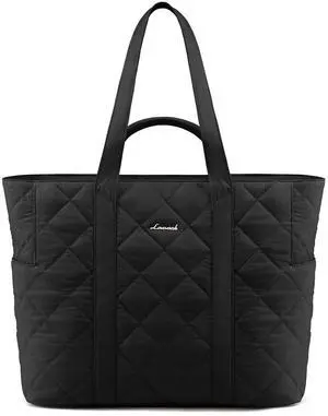 LOVEVOOK Laptop Tote Bag for Women, Large Black Puffer Tote Bag with Zipper Fits 15.6" Laptop Bag, Quilted Puffy Work Bag for Women Purse Handbag for Travel Beach Gym Weekend