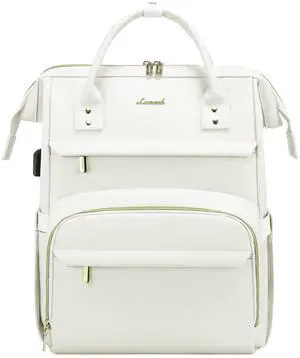 LOVEVOOK Leather Laptop Backpack for Women 15.6 inch,Travel Backpack Purse Nurse Teacher Backpacks Computer Laptop Bag,Professional College Business Work Carry On Backpack with USB Port,Beige White