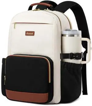 LOVEVOOK Laptop Backpack for Women with Pouch Pocket for Large Capacity Cup,15.6 Inch Laptop Computer Bag Travel Backpack Purse,Waterproof Work Business Backpack College Teacher Bags,Beige-Black-Brown