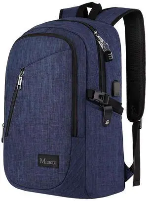 Mancro 17.3 in Business Laptop Backpack for Travel with USB Charging Port Anti-Theft Backpack with Lock Large Lightweight Computer Bag for Women Men, Blue