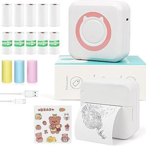Mini Sticker Printer, Wireless Portable Printer with 10 Rolls Thermal Paper, Bluetooth Inkless Sticker Printer Compatible with 13 Rope Paper for Journal, Memo, Photo, DIY, Work, Gifts (Pink)