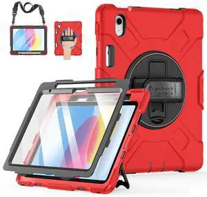Case for iPad (A16) 11th/10th Generation Case: Protective Cover for iPad 11th Gen 11 Inch 2025 &10th Gen 10.9" 2022 with Screen Protector- Stand- Shoulder Strap- Handle- Pencil Holder-Black+Red