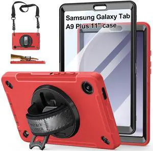 Case for Galaxy Tab A9 Plus 5G 2023: Heavy Duty TPU Cover for Samsung Tablet A9+ 11 Inch with Stand - Handle - Shoulder Strap -S-Pen Holder- Red