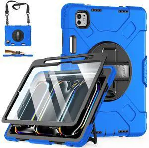 Case for iPad Pro 11 M4 2024: Protective Cover for iPad Pro 11 Inch 5th Generation with Screen Protector- Stand- Handle- Shoulder Strap- Pencil Holder-Black+Blue