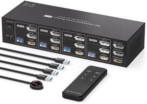 PVBCTCSID 8K 2 Displayport HDMI KVM Switch 4 Computers 3 Monitors 4K144Hz for 4 PC Sharing Triple Monitor and 4 USB 3.0 Port with Remote Control Support Extended Copy Mode(Not Supporting EDID)