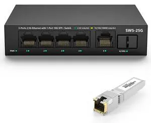 5 Port 2.5GB Unmanaged Ethernet Network Switch | 5 x 2.5 Gigabit | 1 x 10Gb SFP+ | 45Gb Bandwidth | Fanless Metal Internet Multigig Switch | NOT Support VPN | Include 10Gb SFP to RJ45 Module 98Ft(30m)