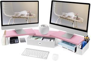 Dual Monitor Stand Riser With Drawer, Pink Office Desk Shelf Organizer And Accessories For Women, Computer Stand With Storage For 2 Monitors, Adjustable Desk Riser For Monitor, Desktop Organizer