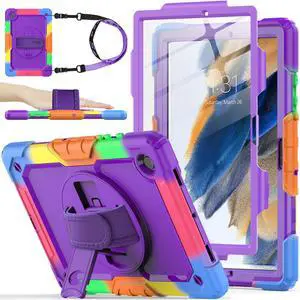 SEYMAC stock Case for Samsung Galaxy Tab A8 10.5'', Full-Body Drop Protection Case with Screen Protector Pencil Holder [360deg Rotating Hand Strap] &Stand, Purple+Colorful