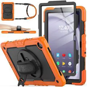 SEYMAC stock Case for Samsung Galaxy Tab A9+ Plus 11'', Full-Body Drop Protection Case with Screen Protector Pencil Holder [360deg Rotating Hand Strap] &Stand, Orange+Black