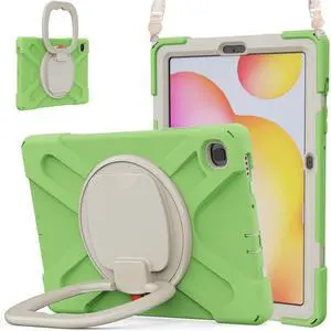 360 Rotation Case for Samsung Galaxy Tab S6 Lite 10.4" Sturdy Cover Rotate Ring Stand Shoulder Carrying Strap Hand Strap Rugged Children Adults Outdoor Case (LightGreen)