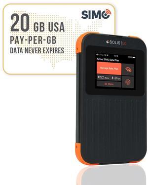 SIMO Solis 5G WiFi Mobile Hotspot + 20GB US Data Card, Local and International Coverage Router, Multi-Carrier Access, No Contract or SIM Card Required, 16 Connected Devices, 1GB/Month Lifetime Data