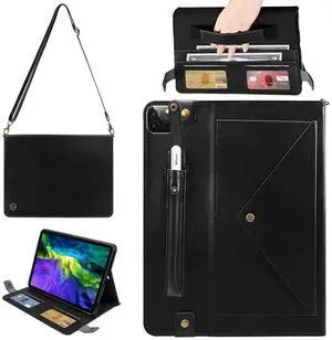 Handbag Case for iPad Air 11 2024, iPad Pro 11" 2018-2020, iPad Air 10.9" - Techcircle Folio Stand iPad Crossbody Wallet Case with Pencil Holder, Hand Strap+Shoulder Strap Protective Cover, Black