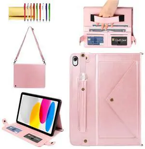 Handbag Case for iPad (A16) 11" 2025 & iPad 10th Gen 10.9", Techcircle Folio Stand PU Leather Crossbody Cover with Pencil Holder+Card Slots Wallet Case w/Shoulder Strap+Hand Strap, Rose Gold