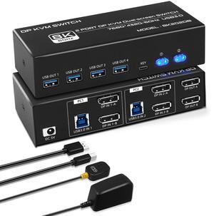 Dual Monitor DP KVM Switch 8K@60Hz 4K@60Hz, 8K Displayport KVM Switch 2 Monitor 2 Computer for 2 PC Share 2 Monitor USB 3.0 Devices with 4 DP and 2 USB Cables