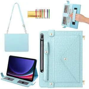 Handbag Case for Samsung Galaxy Tab S7/S8/S9 11-inch/S9 FE 2023 10.9-inch, Techcircle Elegant Crossbody Folio Stand Wallet Case with Pencil Holder, Card Slots, Hand Strap, Shoulder Strap, Baby Blue