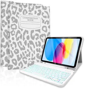 TopPerfekt for Bluetooth Keyboard iPad 10th Gen 10.9 inch (2022) case iPad (A16) 11th/ 10th Gen Case 11'' (2025) with 7-Color Backlights, Pencil Holder, Detachable, Rechargeable- noteLeopard Grey