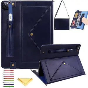 UUcovers Crossbody Handbag Case for iPad Pro 11 inch M4 2024 (Model: A2836 A2837 A3006) with Pencil Holder/Shoulder Strap/Hand Strap/Pockets, Stand PU Leather Carrying Magnetic Wallet Cover, Blue