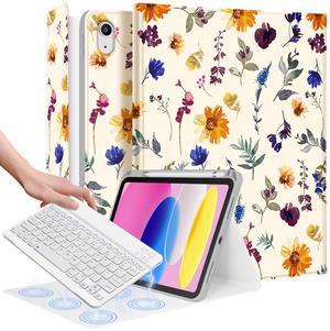 Wazzasoft for iPad 10th Generation Case with Keyboard Pencil Holder 10.9 Inch Folio Tablet Cover Women Girl Cute Girly Teen Kawaii Floral Plants Unique Design for Apple Funda for iPad 10th gen