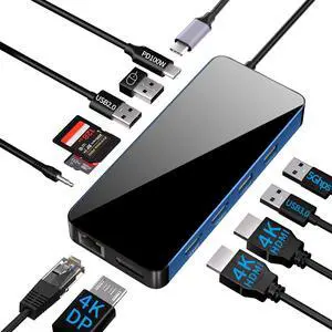 12 in 1 USB-C Docking Station Triple Display USB C Hub Multiple Adapter with 2 HDMI+DP,4 USB 3.0/2.0 Ports,SD/TF Card Reader,100W PD, Ethernet, Audio, USB C Dongle for MacBook/Dell/HP/Surface