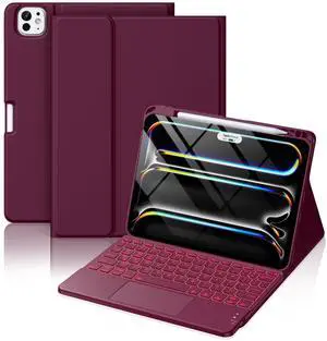 Hamile for iPad Pro 11-inch Case with Keyboard (M5/M4) - Magnetic Wireless Detachable Keyboard with Multi-Touch Trackpad 7 Color Backlit Stain Proof Folio Cover for Pro 11 Inch 2025 2024 - Dark Cherry