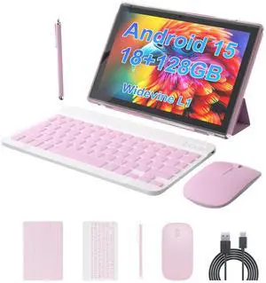 ZZB Android 15 Tablet 10 inch Tablet 2 in 1 Tablets with Keyboard Mouse Case Stylus 18GB RAM 128GB ROM 2TB Expand, Android 15(NOT GO) 10.1" IPS 6000mAh Battery Bluetooth Dual Camera 5G-WiFi Tablets.