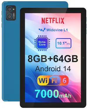10 inch Android 14 Tablet: 8GB+64GB+1TB Expandable, Widevine L1 Netflix Certified, 8-Core CPU A523 Android Tablet, 7000mAh Battery, OTG Face Recognition Metal Body + Stand Case