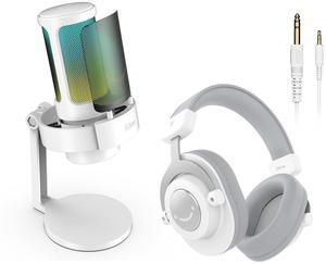 FIFINE USB Gaming Microphone Bundle with Headphones, RGB Condenser Mic with PC Wired Headset Kit for Streaming, Vocal, Recording with Headphones Monitoring, Gain Knob, Mute, Pop Filter (A8+H8 White)