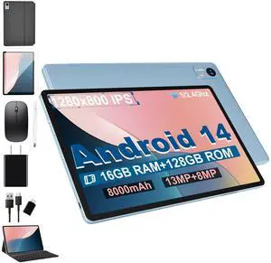 Android 14 Tablet with Keyboard,16GB RAM 128GB ROM 1TB Expand, 8000mAh Battery, 10.1 inch Tablet with 13MP+8MP Camera/Bluetooth/GPS/WiFi/HD Display (Light Blue)