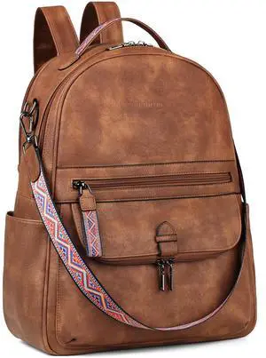 FADEON 15.6 inch Leather Laptop Backpack Purse for Women, Designer Travel PU Backpack with Laptop Compartment for Work Brown
