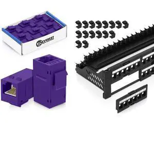 Everest Media Solutions Bundle - 2 Items: 48-Port Keystone Patch Panel + 12 Pack of RJ45 CAT6 Keystone Couplers - Purple