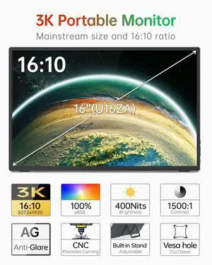 Intehill 3K Portable Monitor for Laptop, 3072x1920 16 inch Touch Screen Monitor with Golden Ratio 16:10, 100% sRGB Laptop Screen Extender, VESA Support Portable Display with Kickstand U16ZT