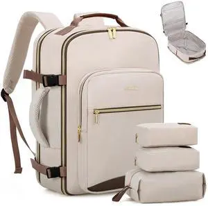 LOVEVOOK Carry on Travel Backpack, 50L Waterproof Large 18 inch Laptop Luggage Daypack as Personal Item Flight Approved, Business Weekender Overnight with 3 Packing Cubes, Primary-Coffee