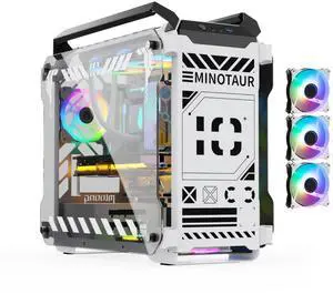 MegaPC Mino Open-Frame ATX Gaming Case - Industrial Design, Tempered Glass Panels, High Airflow, ARGB Lighting, USB-C Port (Black/White/Print Stream, with Fans Only)