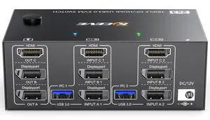 Triple Monitor KVM Switch 3 Monitors 2 Computers 8K@60Hz 4K@144Hz,MLEEDA HDMI+2 Displayport KVM Switch Triple Monitor for 2 Computers Share 3 Monitors and 4 USB3.0 Device,with Wired Remote,USB Cable