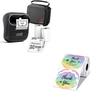 Phomemo M220 Label Maker Printer with 3 Pack Label and 1 Case & 1 Roll Wavy Thermal Round Gradient Rainbow Label, Label Makers Upgrade,3.14 Inch Portable Thermal Printer Support 20-80mm Width Label