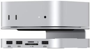 Qwiizlab Aluminum Stand Hub with SSD Enclosure, Docking Station for Mac Mini M4/M4 Pro, 2 USB-A 10Gbps, TF/SD 4.0 Card Readers 312MB/s, HDMI 4K 60Hz, USB-A 2.0, Fits M.2 NVMe SSD up to 8TB (Silver)