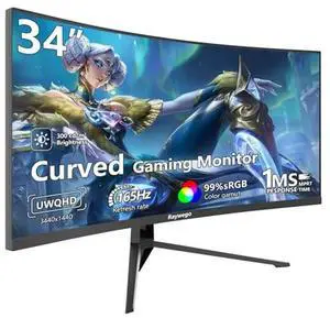 Raywego 34 inch Ultrawide Curved Computer Gaming Monitor 165Hz UWQHD 3440x1440,1500R -PIP,1ms (MPRT),HDR, 300nits, sRGB99%,FreeSync,HDMI2.0(TMDS) x2,DP1.4 x2,Eye Care,Support