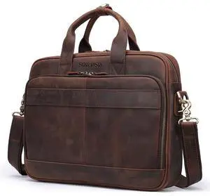 STAR VISTA Siro 15.6" Slim Laptop Messenger Bag, Full Grain Leather Briefcase, YKK Zippers, Brass Hardware, Dark Brown
