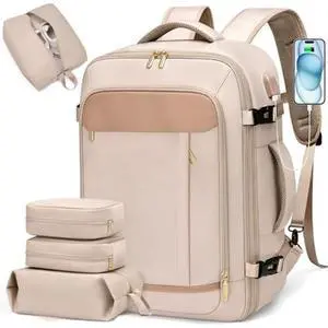 VNINE Travel Backpack for Women Men: 40L Large Carry On Backpack Flight Approved with 3 Packing Cubes Expandable Personal Item Travel Bag with USB Charging Port Fits 17" Laptop Essentials Beige