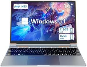 ZAOFEPU 16 Inch Gaming Laptop Windows 11 Fingerprint Unlocked Backlit Keyboard 16GB RAM 512GB SSD N95 Processor WiFi BT, USB3.0, 6000mAh Long Battery Life