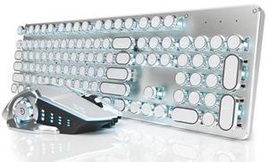 EWEADN TK950 Typewriter Mechanical Keyboard and Mouse, 104 Keys Aesthetic Typewriter Keyboard Mouse Combo with Blue Backlit, Anti-Ghosting, Blue Switch Bluetooth/2.4GHz/Wired Cute Keyboards-White