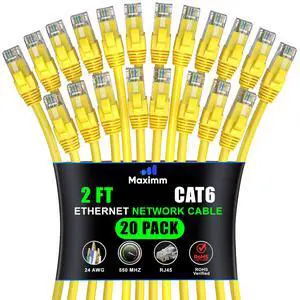 Maximm Cat 6 Ethernet Cable 2 ft (20-Pack) - High-Speed LAN Cable, Internet Cable, Patch Cable, and Network Cable - UTP, 10Gbps, 550MHz Ethernet Cord - Yellow