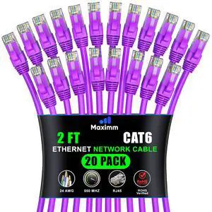 Maximm Cat 6 Ethernet Cable 2 ft (20-Pack) - High-Speed LAN Cable, Internet Cable, Patch Cable, and Network Cable - UTP, 10Gbps, 550MHz Ethernet Cord - Purple