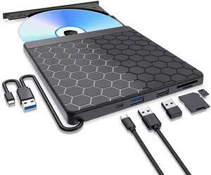 Aumdie External CD/DVD Drive for Laptop, USB 3.0 CD Burner with 2 USB Ports and 2 TF/SD Card Slots, DVD Player for Laptop, Mac, PC, Windows 11/10/8.1/7